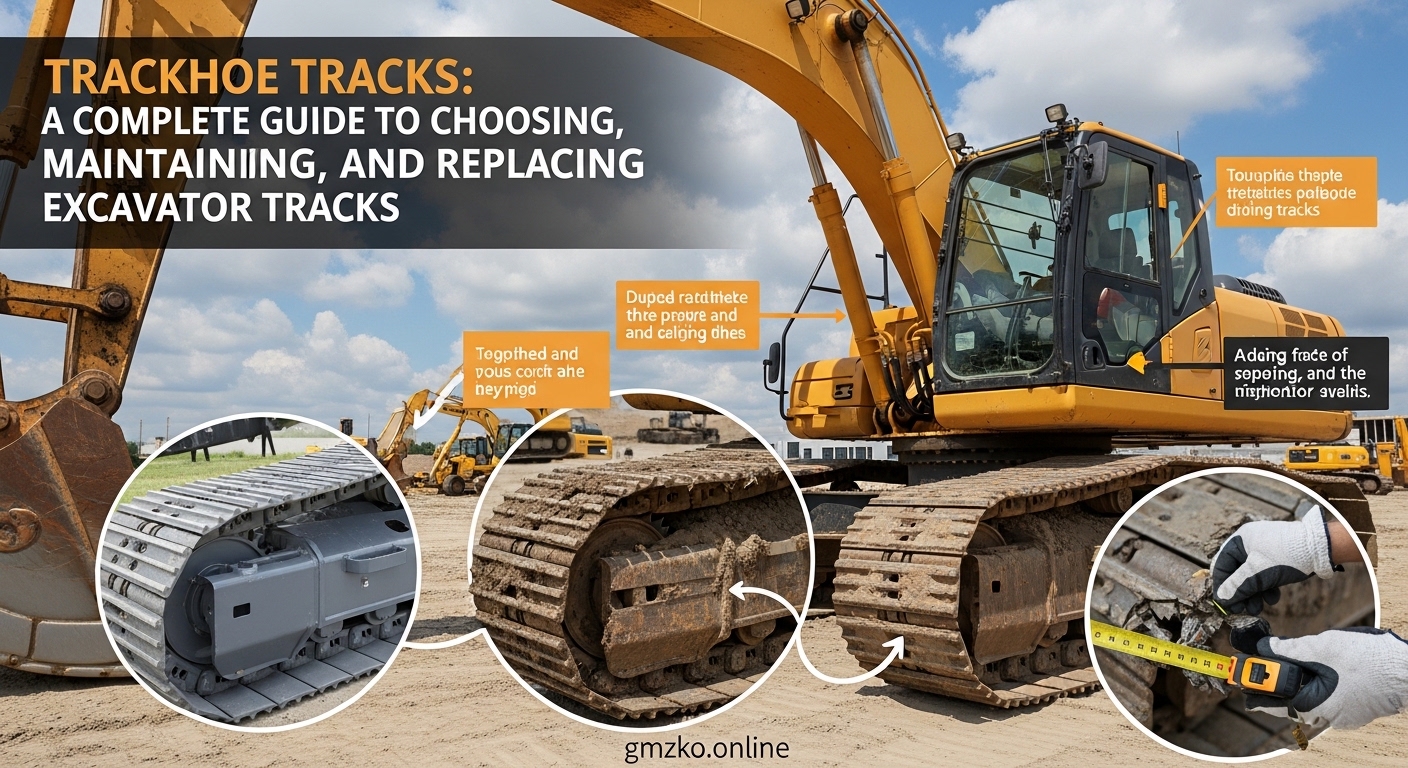 Trackhoe tracks installed on a modern excavator working on a construction site